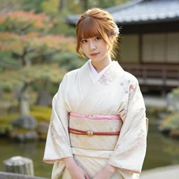 A beautiful amber haired woman in a kimono in a Japanese garden
