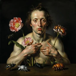god creating itself refined gorgeous blended oil painting with black background by christian rex van minnen rachel ruysch dali todd schorr of a chiaroscuro portrait of an extremely bizarre disturbing mutated man making himself made of still life flowers and rubber insects with shiny skin acne dutch golden age vanitas intense chiaroscuro cast shadows obscuring features dramatic lighting perfect symmetry perfect composition masterpiece