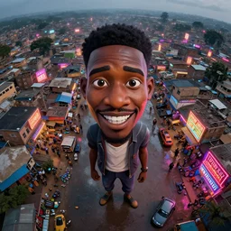 3 d vfx - caricature - art of a bustling - neon lit - wet ajegunle slum in nigeria, cinestill 8 0 0 t photograph, unreal engine render, digital illustration, illustration style by mike winkelmann, sharp, intricate detail, volumetric light, ray tracing, soft light, colourful, surreal environment, drone view, fish eye lens,