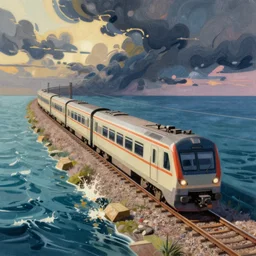 illustration, a train in the sea, dynamic composition, detailed, matte print, dynamic perspective, colorful modern, by vladimir kush