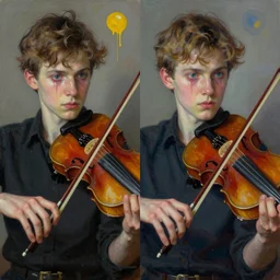 portrait of two young nervous violin players getting ready to perform, half figure front, vincent lefevre and pat steir and hilma af klint and james jean, psychological, photorealistic, symmetrical faces, intriguing eyes, dripping paint, rendered in octane, altermodern, masterpiece