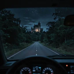 Throughout the cockpit of a car, as it drives, the sight of a haunted castle on the far horizon, over a mound, just at the end of a road flanked by trees and under a black starry night. Road flanked by trees.