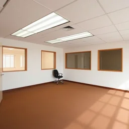 randomized empty 9 0 s office with no windows or doors, brown moist carpet, off - white wallpaper