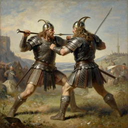 Viking warrior fighting in Valhalla artwork by Delville, Jean