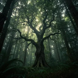 spectacular, fantastic, spuky, fabulous tree standing in a thickly vegetated, sombre forest in a fantasy world, dreamlike light incidence, sunraise, ultrarealistic, eerie, onimous