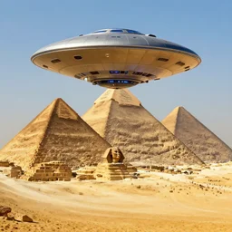 digital art of a UFO building the great pyramids of Giza, 4k detailed artstation
