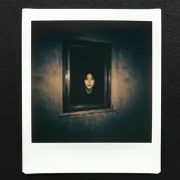 dark room with a face peeking through a window, old polaroid, expired film, eerie,