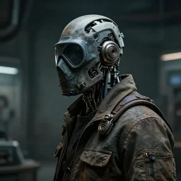 a half - masked rugged laboratory engineer man with cybernetic enhancements as seen from a distance, scifi character portrait by greg rutkowski, esuthio, gareth beedie, 1 / 4 headshot, cinematic lighting, dystopian scifi gear, gloomy, profile picture, mechanical, cyborg, half robot, implants, dieselpunk