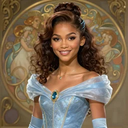 beautiful zendaya as tiana princess disney, intricate, elegant. highly detailed, digital painting, artstation, concept art, smooth, sharp, focus, illustration, art by artgerm and greg rutkowski and alphonse mucha