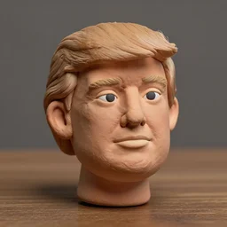 donald trump !!! very extremely realistic!!! extreme likeness!!! smooth specular clay! extremely close smooth specular sculpted headshot of donald trump clay puppet , soft light dull mood, low saturation, on wooden table. style: claymation puppet kids clay , by guldies