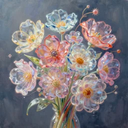 a bouquet of ethereal big colorful transparent entangled flowers, direct sunlight, glowing, vivid, detailed painting, soft Houdini algorhitmic pattern, by Ross Tran, WLOP, artgerm and James Jean, masterpiece, award winning painting
