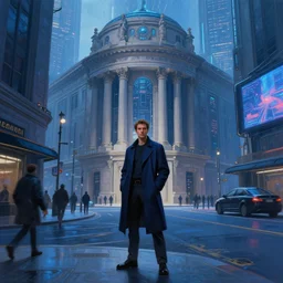 hyperrealistic and beautiful painting of a man standing on the street of a grand metropolis, classical architecture, technological lights, screens, cyberpunk style, 8 k resolution, by hugh ferris and john smith, polished, fine detail, intricate, blue color scheme, cyberpunk style, smooth, octane, concept art, trending on artstation