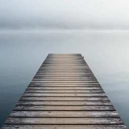 color photograph of a wooden pier on a calm lake with a light mist on the horizon, art by paolo roversi