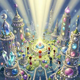 detailed illustration of a utopian city block made of gemstones and pearl and crystal, anthropomorphic characters, ecopunk, god rays, bloom, by ruan jia, by conrad roset, by yoshitaka amano, cgsociety, artstation.