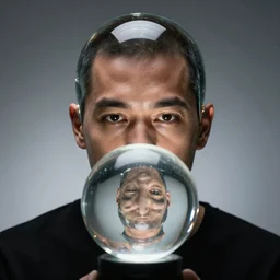 a man with a glass head, crystal ball