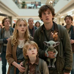 sharp, highly detailed, film from a 2 0 1 9 sci fi 8 k movie, a family of four humans and their pet cute alien from 1 8 6 0 travel in time to 2 0 1 9, suddenly appearing in a shopping mall, looking confused, onlookers look just as confused, atmospheric lighting, in focus, reflective eyes, 3 5 mm macro lens, live action, nice composition