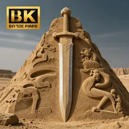 Photo Of A Sand Sculpture Of A Ancient Sword, 8K, Photorealistic, Cinematic, Award Winning