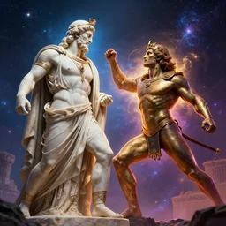 epic professional digital art of Greek statue of Gilgamesh battling Enkidu, volumetric lighting, best on artstation, cgsociety, wlop, Behance, pixiv, astonishing, impressive, cosmic, outstanding epic, stunning, gorgeous, much detail, much wow, masterpiece.