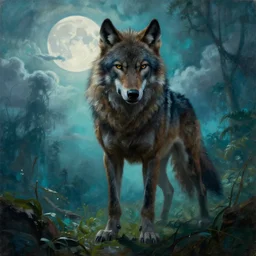 by frazetta , close up of realistic werewolf , full body backlight ,top light ,full body portrait ,highly textured oil painting ,jungle ,cyan graveyard  with backlight from the moon ,foggy background ,with  dramatic sky ,clouds and giant oversized moon and storm