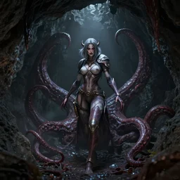 diva from overwatch in cave, by lovecraft, dark horror, tentacles, ue 5, ue 6, unreal engine 5, cinematic 4 k wallpaper, 8 k, ultra detailed, by popular digital artist, beautiful image, resolution, artstation