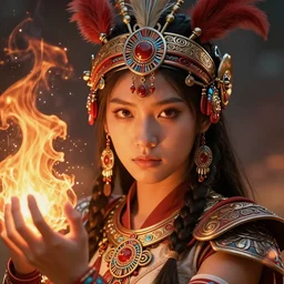 katara from avatar as an azctec warrior, detailed perfect face, exquisite details, fire magic, mid view, design on a white background, by studio muti, greg rutkowski makoto shinkai takashi takeuchi studio ghibli