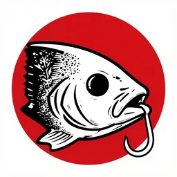 black and white vintage illustration of dead fish head with a hook in mouth, big red scratches over eye, on white background