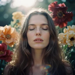 An analog head and shoulder frontal face photography of a Caucasian woman surrounded by big!!!! flowers by Annie Leibovitz. Vogue. Long hair. closed eyes. Kodak Portra 800 film. Depth of field. whirl bokeh. Sunshine. detailed. hq. realistic. warm light. muted colors. Moody. Filmic. Dreamy. lens flare. Leica M9, f/1.2, symmetrical balance, in-frame