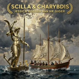 Scylla and Charybdis and a Trireme by Jessica Rossier and HR Giger cinematic concept painting