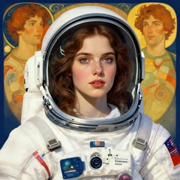 a beautiful portrait of an attractive young woman wearing a space suit, digital art by eugene de blaas and ross tran, vibrant color scheme, highly detailed, in the style of romanticism, cinematic, artstation, greg rutkowski, mucha