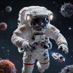 an epic portrait of an astronaut entering the micro atom realm of the microscopic multiverse with a tiny micro spaceship, cinematic lighting, under a microscope, highly detailed, insane details