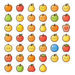 game asset sheet, 2 d sprite, collectable prizes fruits and other trinket pop culture items material study