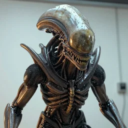 photo taken of an epic intricate, ultra detailed, super realistic gritty, wet, lifelike sculpture of an alien creature created by weta workshop, zoomed in shots, sublime subsurface scattering, photorealistic, sharp focus, white wall coloured workshop, cold colour temperture, f 0. 4, face centred, golden ratio, golden hour