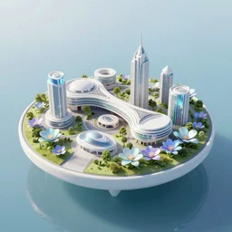 disc shaped land with modern architecture, land is floating on water, iridescent flowers with galaxy background