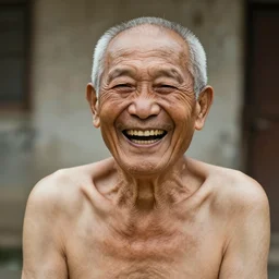 old man laughing, shirtless, stock photo