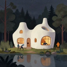 ( ( dither ) ), editorial illustration an organic architecture white stone cozy house next to a lake in a forest at night, colorful modern, mads berg, karolis strautniekas, ( ( christopher balaskas ) ), fine texture, dynamic pose, detailed, matte print, muted color, lomography, dramatic lighting