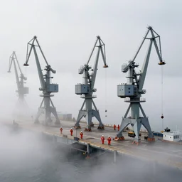 a foggy spaceship harbor in the clouds with huge cranes, astronauts and ground crew with orange suits, hyperrealism, no blur, 4k resolution, ultra detailed, style of John Berkey, Norman Rockwell, Hans Thoma, Ivan Shishkin, Tyler Edlin, Thomas Kinkade