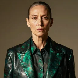 extremely detailed portrait in powerful femininity, intensity, maturity, realistic face sculpted features, clear eyes, statuesque model, eclectic fashion, structure jacket with collared shirt, sense of tension, warm glow, supple, bathed in light, chiaroscuro, specular highlights, angular impressionism, radiant, deep rich tones, obsidian opal emerald color palette, sharp focus, contemporary digital