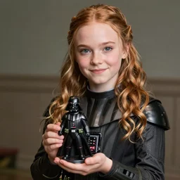 Katniss Everdeen holding a miniature toy figure of Darth Vader