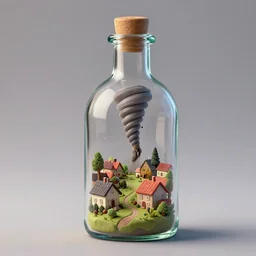 a tornado in a village inside a bottle, 3d tender, conceptual art, well detailed, photo studio
