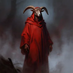 singular lamb wearing cultist robes by frank frazetta, deep crimson and dark shadows, foggy background, ambient glow, horror scene