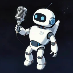 a robot with a vintage microphone for a head floats in space in the style of shigeru komatsuzaki