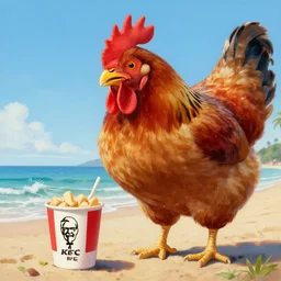 beautiful painting of a giant chicken with lips that is eating KFC on the beach