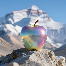 a holographic apple is sitting on the peak of mount everest, clear focus, bokeh effect, high res