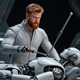 cinematic portrait of chris hemsworth with big ginger beard in light grey futuristic jumpsuit looking at lying android robot, huge screwdriver in hand, dark space station at background, high detail, 8 k, sharp focus, movie still, dramatic lighting, ray tracing, smooth, lane brown, finnstark, oleg bulakh, diego fazio, mike dargas, emanuele dascanio, felix eng