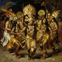 hyper realistic painting of warao dance, yanomami, gold ornaments, flowing fabric, intrincate detail, detailed faces by wayne barlowe, gustav moreau, goward, gaston bussiere and roberto ferri, santiago caruso, and austin osman spare, ( ( ( ( occult art ) ) ) ) bouguereau, alphonse mucha, saturno butto