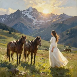scenic western mountain landscape with horses and a woman wearing a white traditional dress, oil on canvas, radiant light, artstation, Alfred Bierstadt