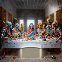 !13 diverse aliens on !one_side of a !marble table, eating luxurios meals !!posing_as_last_supper cinematic lighting, their clothes are high tech suits, intricate cables adorne their bodies and heads, detailed implants, satin, crystal, liquid, surreal, floating, !!highly detalied, 4k, artstation, by Rolf Armstrong
