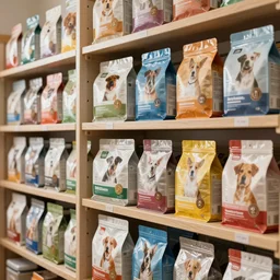 Shelves lined with Pet foods, detailed 4K texture for Unity, photorealistic