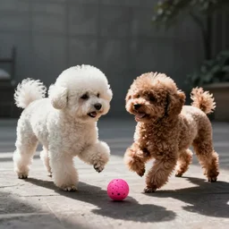 a bichon frise and a poodle fight over a pink ball
