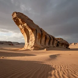 wide landscape photo of a desert with a large vertebrae shaped rock formation